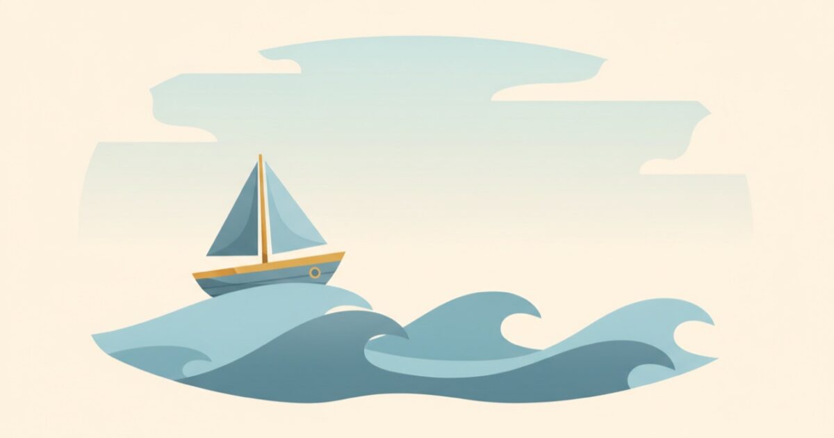 Illustration of a small sailboat riding tall waves under a calm sky