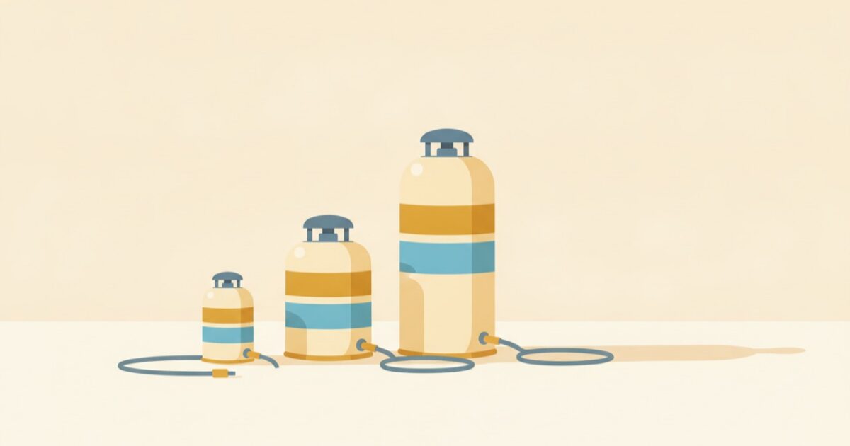 Illustration of three fuel canisters of different sizes, each with a coiled hose