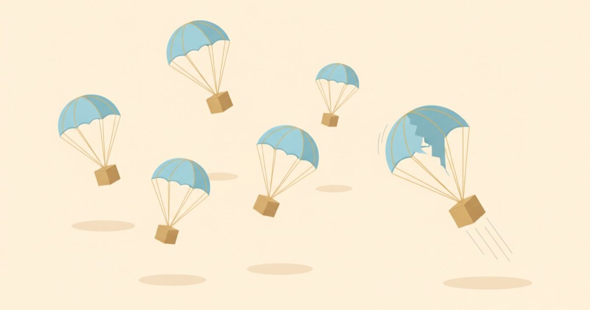 Illustration of parcels descending on parachutes, one parachute torn and falling faster