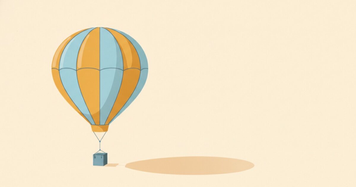 Illustration of an enormous balloon tethered to a very small weight on the ground