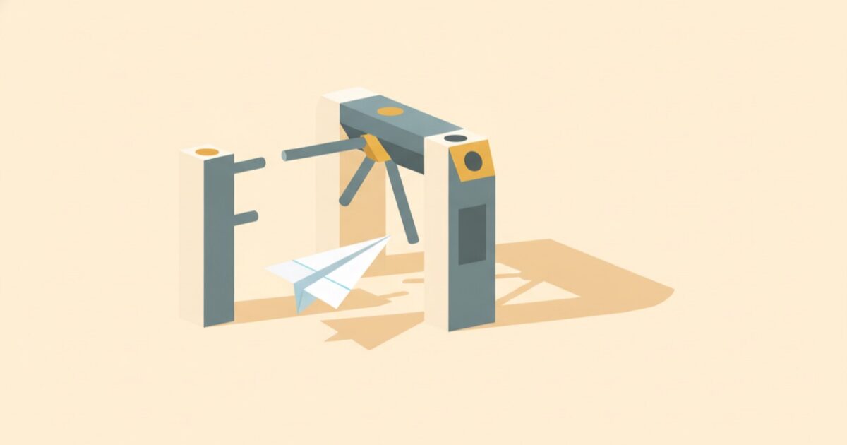 Illustration of a paper aeroplane that has passed through a closed one-way turnstile