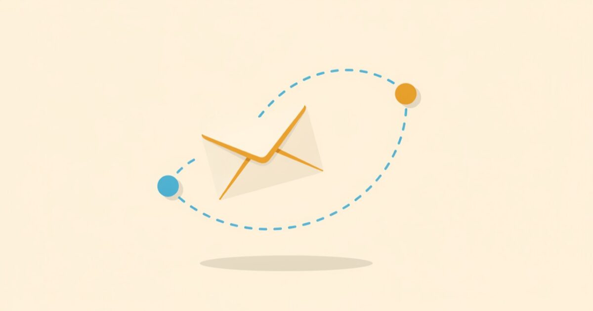 Illustration of a sealed envelope travelling a dotted path between two nodes