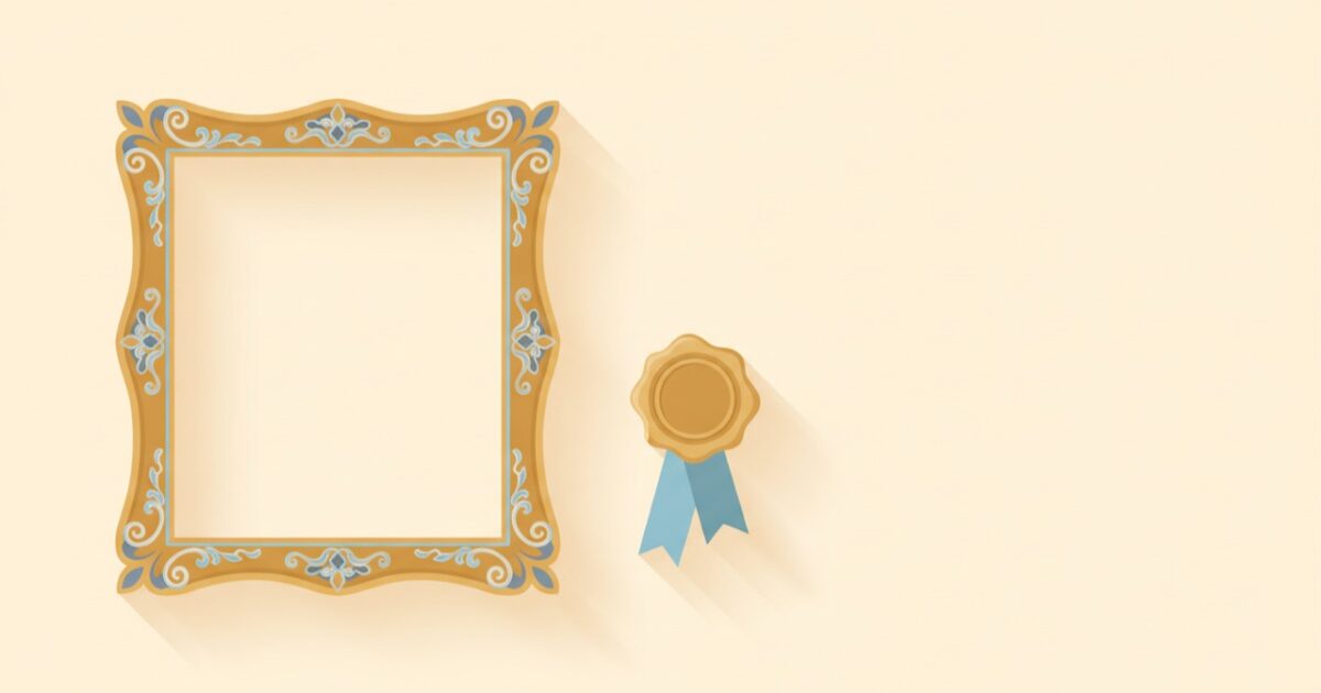Illustration of an empty ornate picture frame beside a wax seal with a ribbon