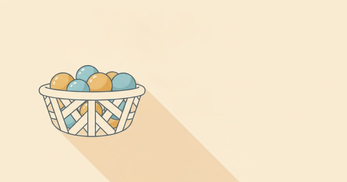 Illustration of a woven basket holding several smooth spheres of different sizes