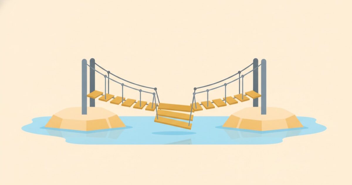 Illustration of a rope-and-plank footbridge between two islands with one plank loose