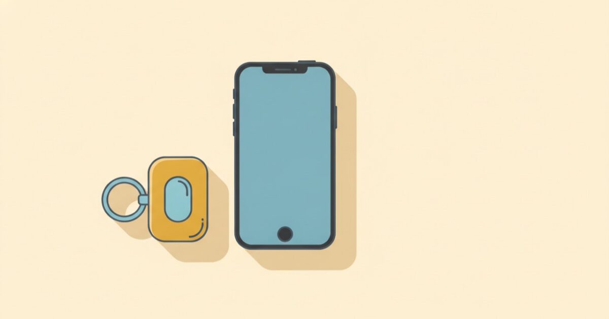 Illustration of a small key-fob device resting beside a plain smartphone