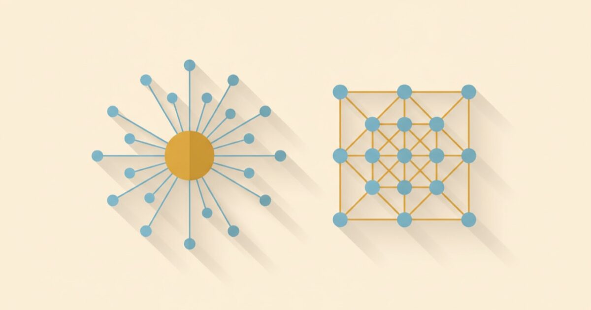 Illustration contrasting a single hub with spokes against a mesh of equal linked dots